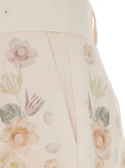 Twinset Beige Shorts With Floral Print And Waist Belt In Linen Woman In Neutral