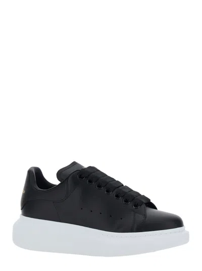 Alexander Mcqueen Black Low Top Sneakers With Logo Lettering On Tongue And Heel In Leather Woman In Multi