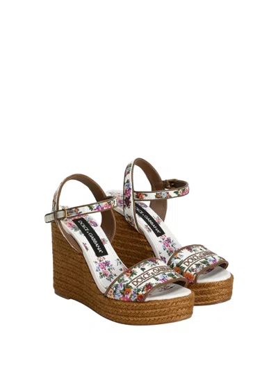 Dolce & Gabbana Leather-trimmed Embroidered Canvas Platform Wedge Sandals In Brown