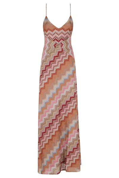 Missoni Multicolor Long Dress With Crossed Shoulder Straps And All-over Zigzag Motif In Viscose Woman In Brown