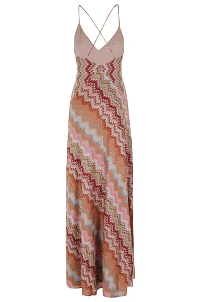 Missoni Multicolor Long Dress With Crossed Shoulder Straps And All-over Zigzag Motif In Viscose Woman In Brown