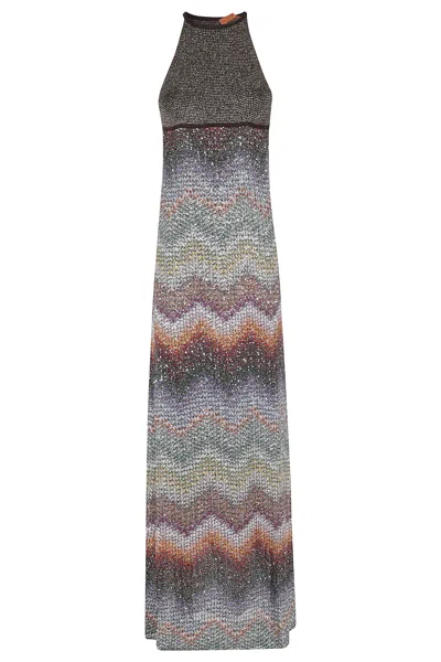 Missoni Long Halter-neck Dress In A Greek-style Zigzag Knit With Sequins Clothing In Multi