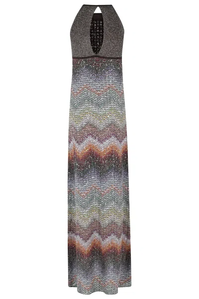 Missoni Long Halter-neck Dress In A Greek-style Zigzag Knit With Sequins Clothing In Multi