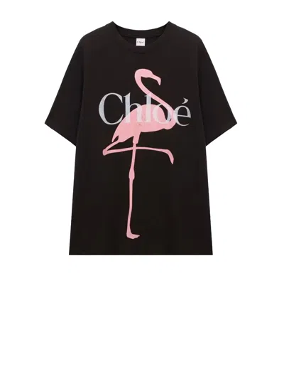 Chloé Women Black Crewneck T-shirt With Maxi Logo Print On The Front In Cotton Woman