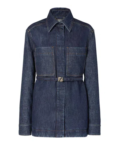 Fendi Go-to Denim Shirt Jacket With Quilted Ff Motif Clothing In Blue