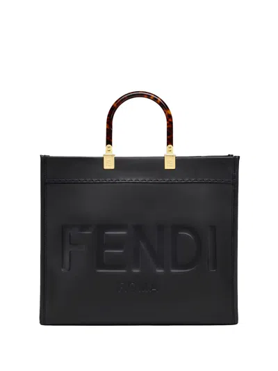 Fendi Black Leather Medium Sunshine Shopper Tote Bag In Black