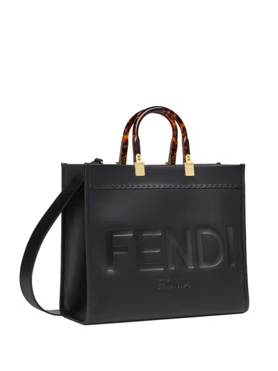 Fendi Black Leather Medium Sunshine Shopper Tote Bag In Black