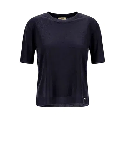 Herno Black Crewneck T-shirt With Logo Plaque On The Front In Cotton Blend Woman In Blue