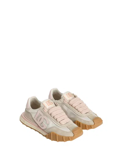 Dolce & Gabbana Dg Athletic Sneakers In Ivory And Pink Fabric And Leather In Multi
