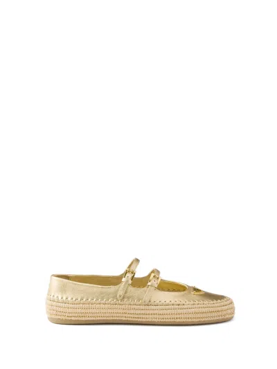 Prada Gold Raffia And Leather Espadrilles In Silver