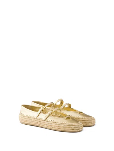 Prada Gold Raffia And Leather Espadrilles In Silver