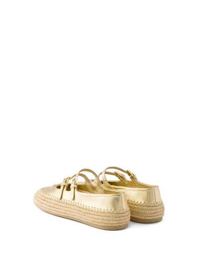 Prada Gold Raffia And Leather Espadrilles In Silver