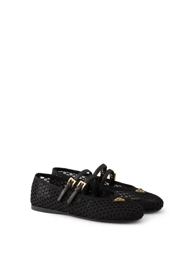 Prada Triangle Logo Mesh Ballet Flats In Black
