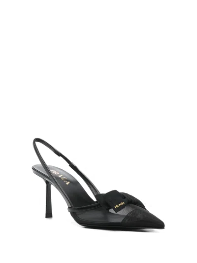 Prada Mesh Slingback Pumps Featuring Bow Detail In Black