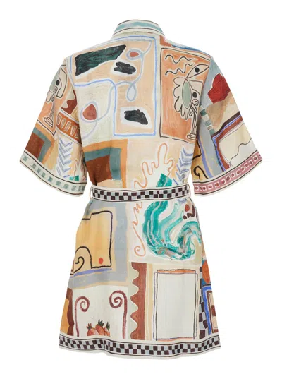 Alemais Michelle Multicolor Mini Dress With Classic Collar And All-over Geometric Motif In Linen Woman