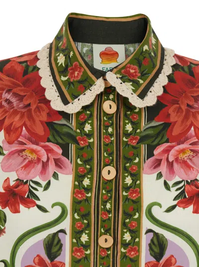 Farm Rio Wonder Multicolor Shirt With Lace Embroidered Classic Collar And All-over Floral Motif In Linen Blen