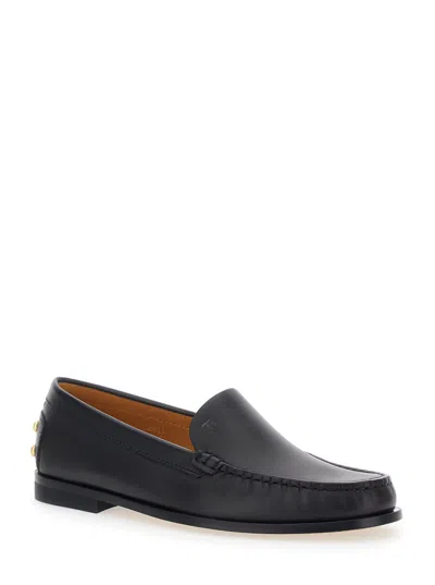 Tod's Black Loafers With Embossed Logo And Stud Details On The Back In Leather Woman