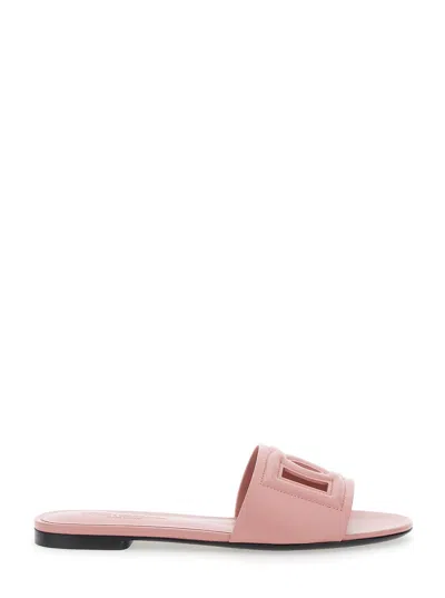 Dolce & Gabbana Women Pink Slide Sandals With Cut Out Logo In Leather Woman