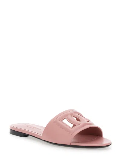Dolce & Gabbana Women Pink Slide Sandals With Cut Out Logo In Leather Woman