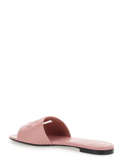 Dolce & Gabbana Women Pink Slide Sandals With Cut Out Logo In Leather Woman