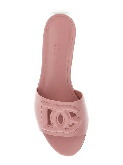 Dolce & Gabbana Women Pink Slide Sandals With Cut Out Logo In Leather Woman