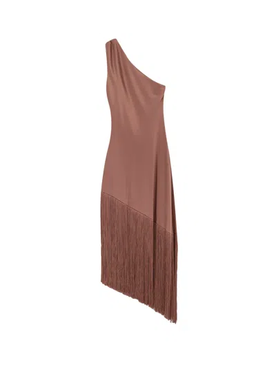 Pinko Brown Dress With Asymmetrical Design And Fringes In Tech Fabric Woman