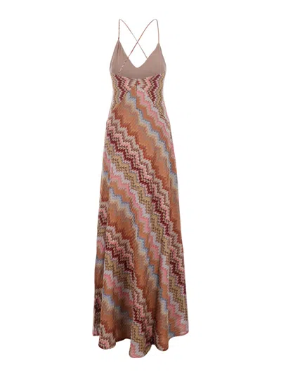 Missoni Multicolor Long Dress With Crossed Shoulder Straps And All-over Zigzag Motif In Viscose Woman In Brown