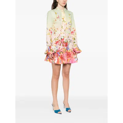 Roberto Cavalli Floral Silk Blend Dress High Neck In White