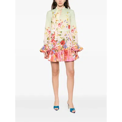 Roberto Cavalli Floral Silk Blend Dress High Neck In White