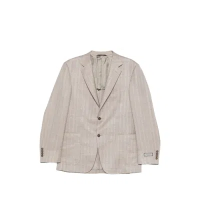 Canali Button Herringbone Blazer In Neutral