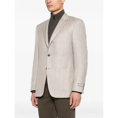 Canali Button Herringbone Blazer In Neutral
