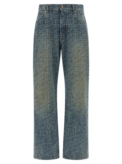 Balmain Monogram Denim Trousers All Over Pattern In Multi