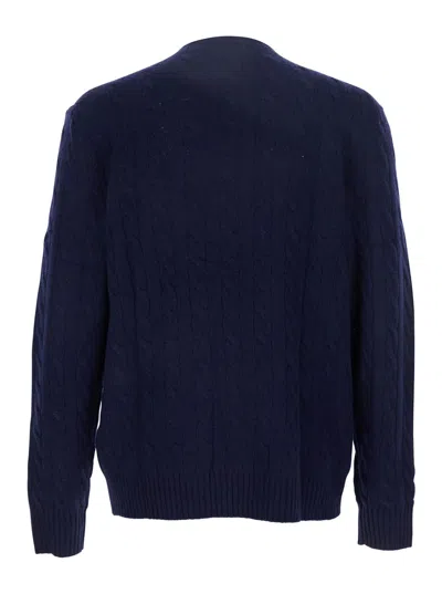 Polo Ralph Lauren Blue Cable Knit Crewneck Sweater With Pony Embroidery On The Front In Wool And Cashmere Man