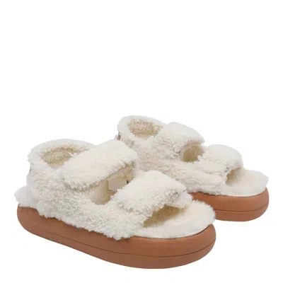 Moon Boot Shearling Sandals Flat Sole Open Toe In White