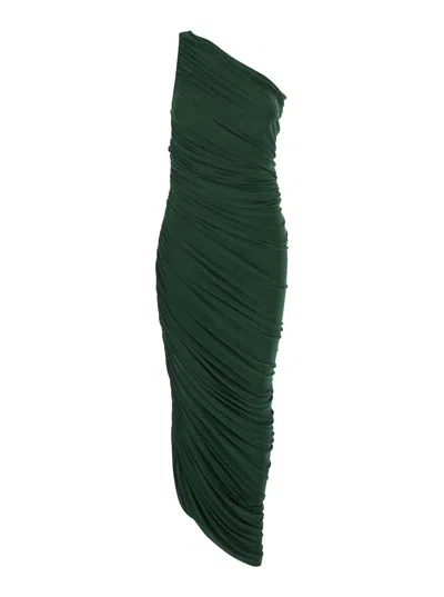 Norma Kamali Diana Green Midi Dress With Asymmetric And Draped Design In Tech Fabric Stretch Woman