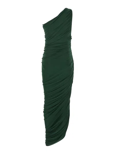 Norma Kamali Diana Green Midi Dress With Asymmetric And Draped Design In Tech Fabric Stretch Woman