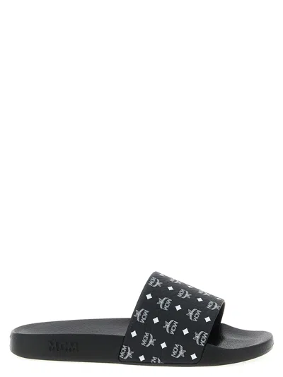 Mcm Monogram Print Rubber Slides In Black