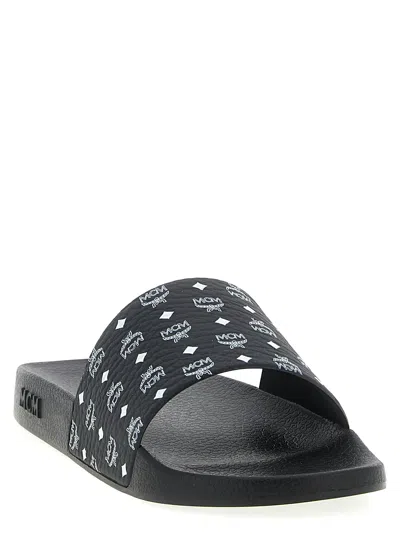 Mcm Monogram Print Rubber Slides In Black