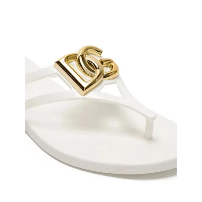 Dolce & Gabbana White Thong Sandals With Logo Plaque On The Front In Rubber Woman In Multi