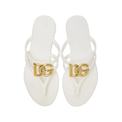 Dolce & Gabbana White Thong Sandals With Logo Plaque On The Front In Rubber Woman In Multi