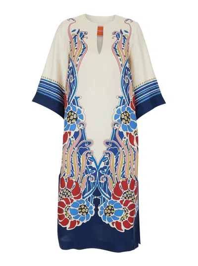 La Doublej The Kaftan Multicolor Silk Kaftan With V Neck And All-over Floral Print Woman In White