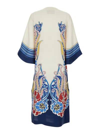 La Doublej The Kaftan Multicolor Silk Kaftan With V Neck And All-over Floral Print Woman In White