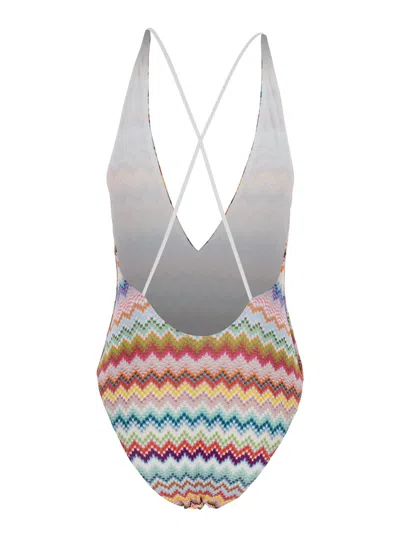 Missoni Multicolor One-piece Swimsuit With V-neck And All-over Zig-zag Motif In Stretch Viscose Blend Woman