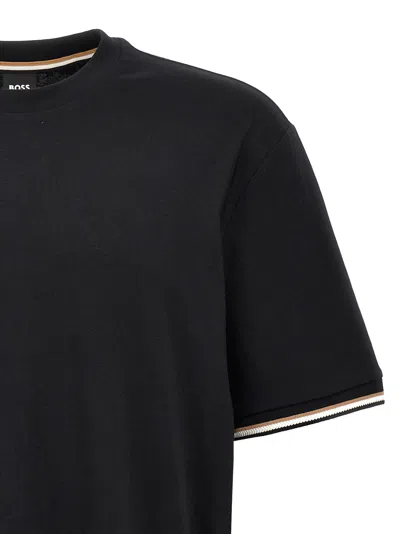 Hugo Boss Cotton-jersey T-shirt With Signature-stripe Cuffs In Dark Blue