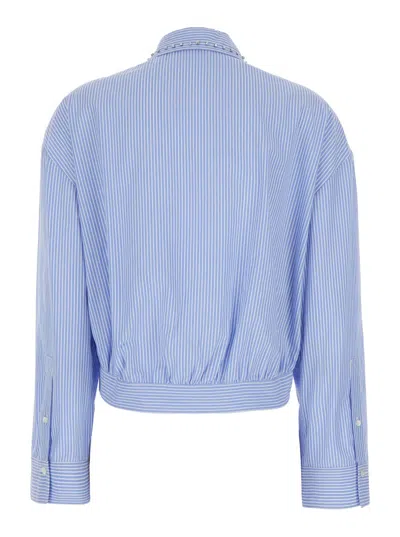 Pinko Charita Light Blue Shirt With Embellished Classic Collar And All-over Striped Motif In Cotton Woman