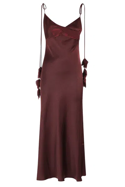 Self-portrait Bordeaux Long Dress With Knotted Shoulder Straps And Floral Details In Fabric Woman In Burgundy