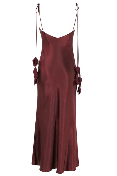 Self-portrait Bordeaux Long Dress With Knotted Shoulder Straps And Floral Details In Fabric Woman In Burgundy