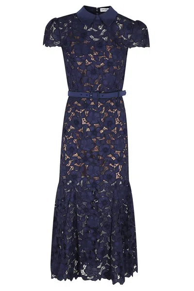 Self-portrait Guipure Blue Long Dress With Lace Design And Adjustable Waist Belt In Fabric Woman