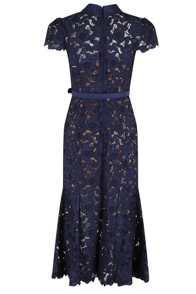 Self-portrait Guipure Blue Long Dress With Lace Design And Adjustable Waist Belt In Fabric Woman