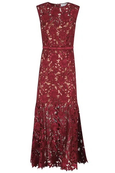 Self-portrait Fitted Guipure Lace Midi Dress With Removable Belt In Red